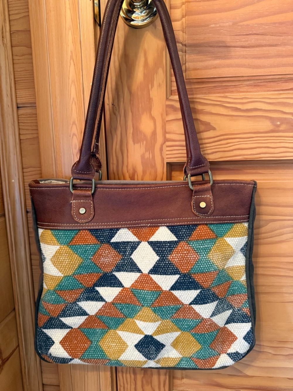 Myra Bag Multicolor Geometric Woven Shoulder Tote with Brown Leather Trim